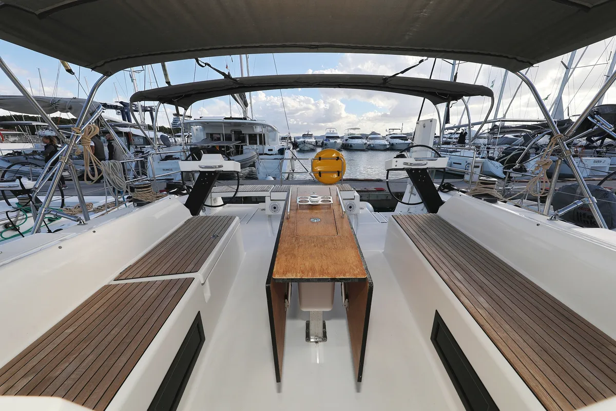 Cockpit of Anthea, a Dufour 470 sailboat at Grad Trogir, Croatia