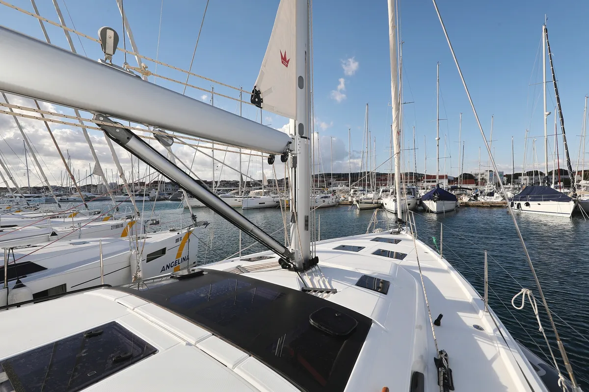Exterior view of Anthea, a Dufour 470 sailboat at Grad Trogir, Croatia