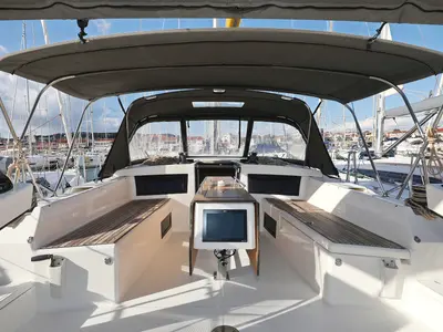 Cockpit of Anthea, a Dufour 470 sailboat at Grad Trogir, Croatia