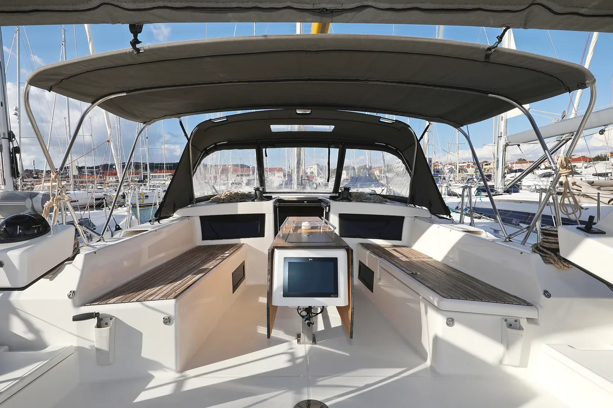 Cockpit of Anthea, a Dufour 470 sailboat at Grad Trogir, Croatia