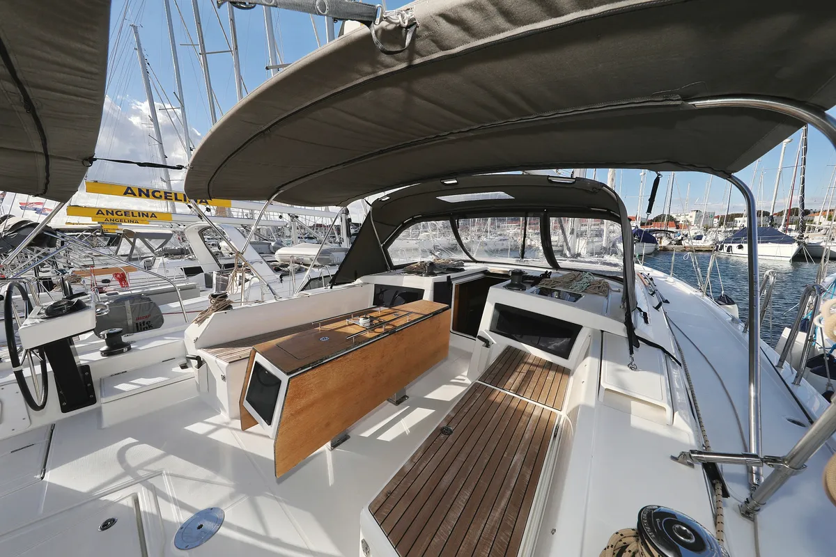 Deck of Anthea, a Dufour 470 sailboat at Grad Trogir, Croatia