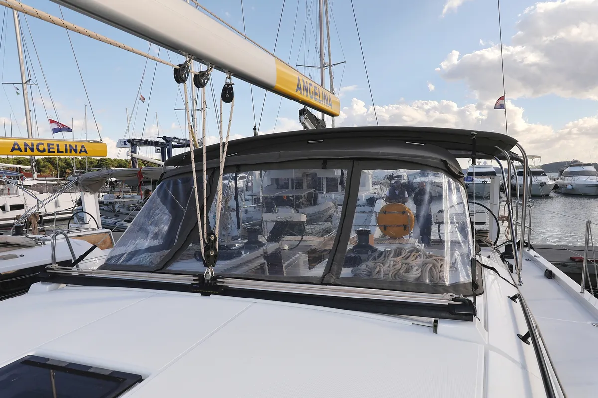 Exterior view of Anthea, a Dufour 470 sailboat at Grad Trogir, Croatia