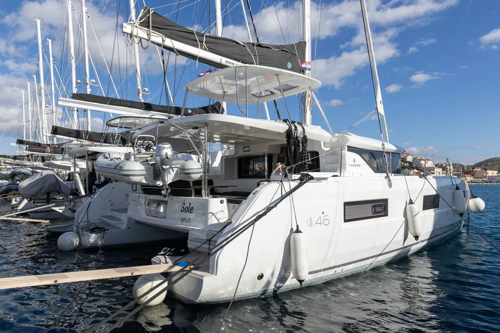 Exterior view of Cortes, a Lagoon 46 catamaran at Općina Rogoznica, Croatia