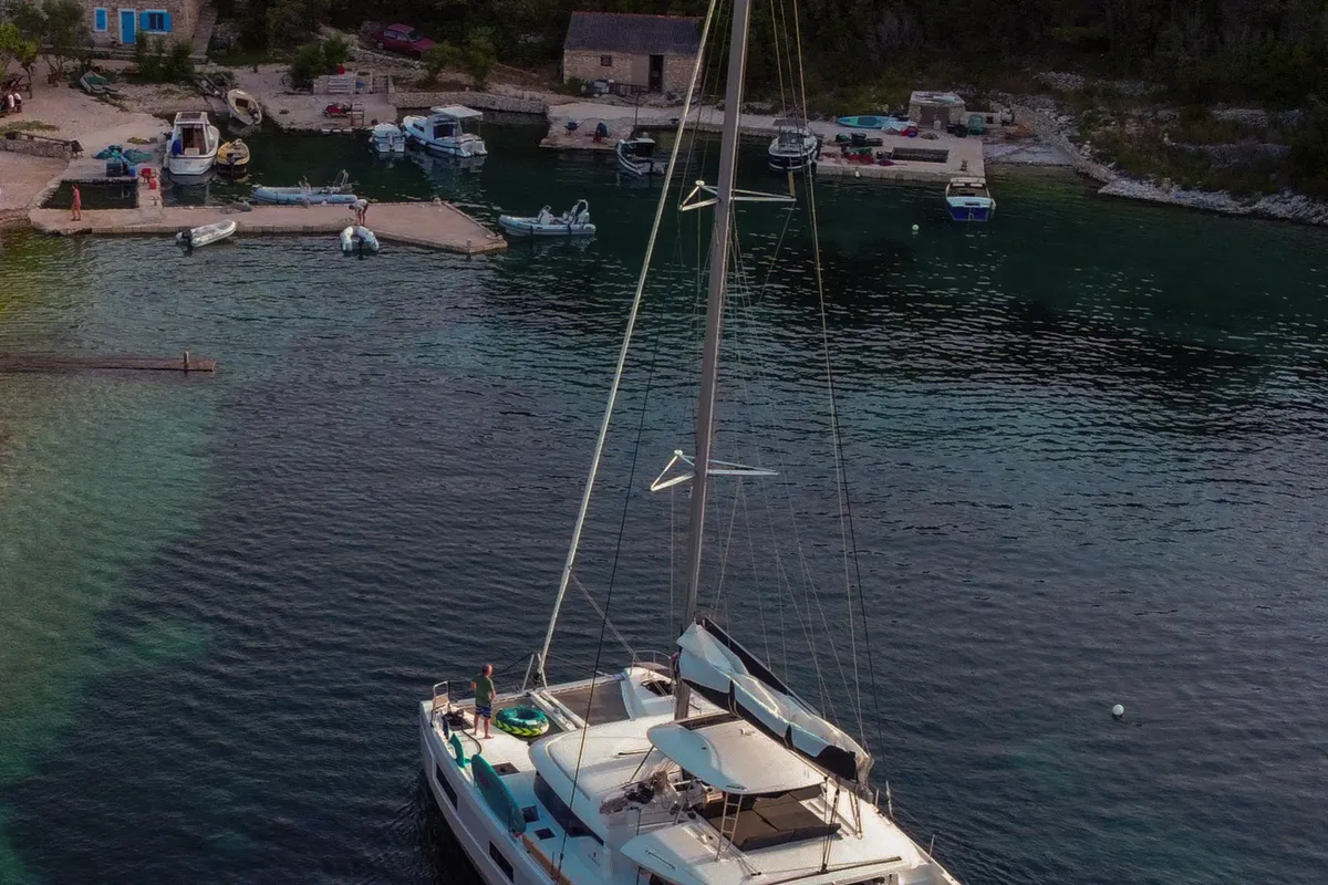 Exterior view of Cortes, a Lagoon 46 catamaran at Općina Rogoznica, Croatia