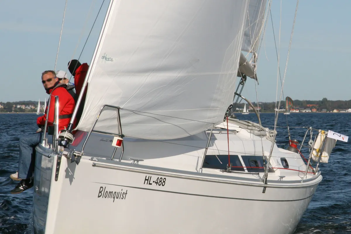 Exterior view of Blomquist, a Hanse 320 sailboat at Heiligenhafen, Germany