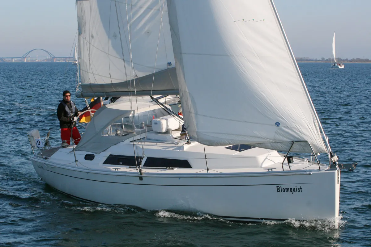 Exterior view of Blomquist, a Hanse 320 sailboat at Heiligenhafen, Germany