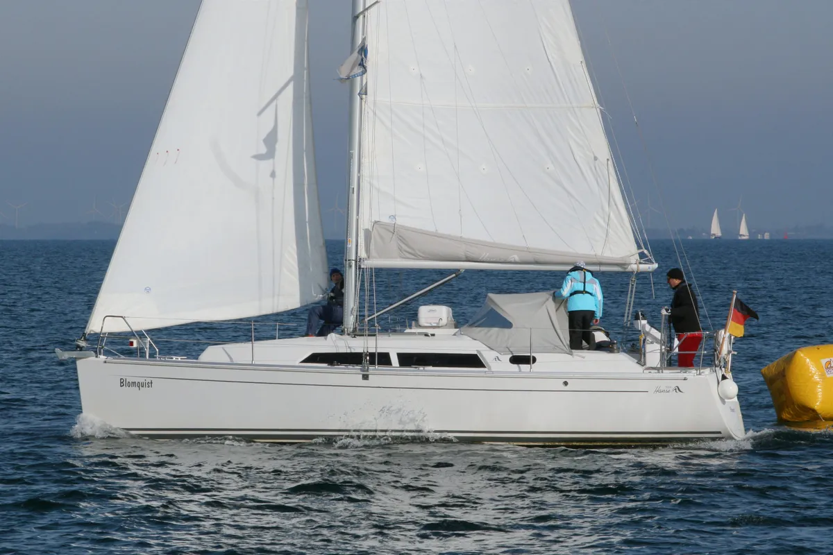 Exterior view of Blomquist, a Hanse 320 sailboat at Heiligenhafen, Germany