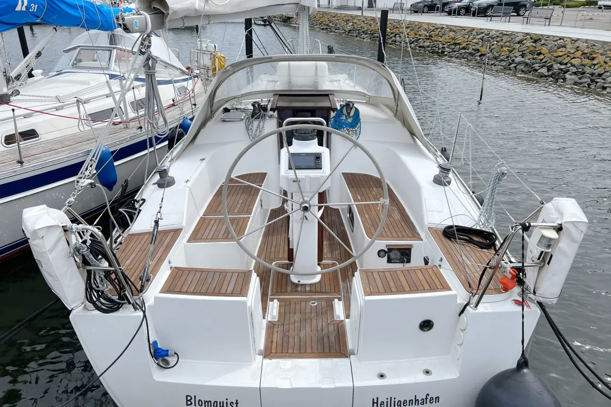 Cockpit of Blomquist, a Hanse 320 sailboat at Heiligenhafen, Germany