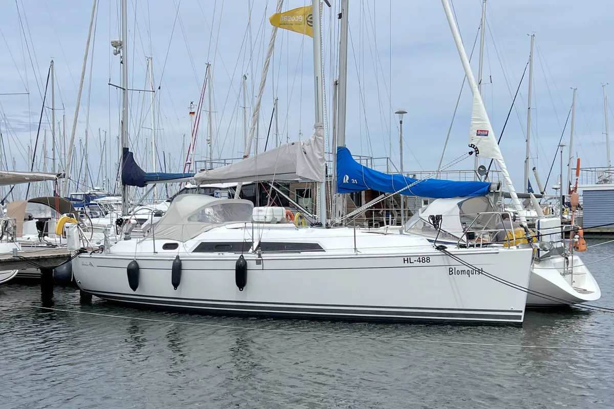 Exterior view of Blomquist, a Hanse 320 sailboat at Heiligenhafen, Germany