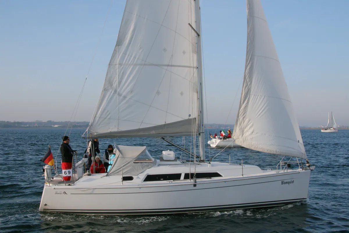 Exterior view of Blomquist, a Hanse 320 sailboat at Heiligenhafen, Germany