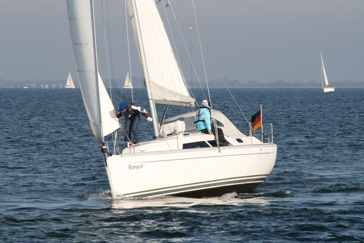 Exterior view of Blomquist, a Hanse 320 sailboat at Heiligenhafen, Germany