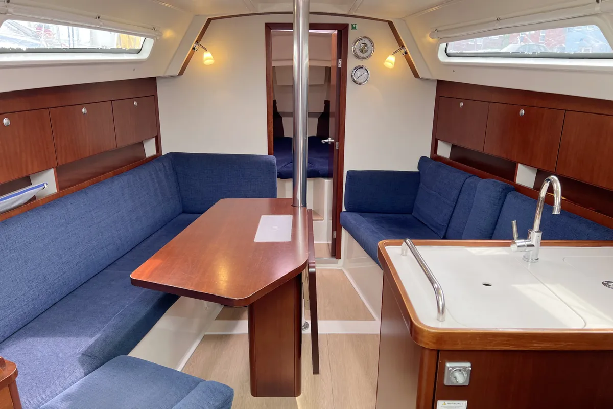 Salon of Blomquist, a Hanse 320 sailboat at Heiligenhafen, Germany