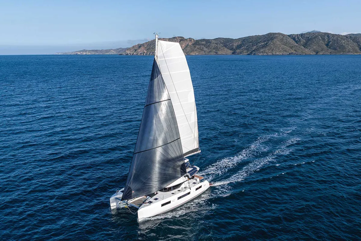 Exterior view of Athena Blu, a Lagoon 51 catamaran at Municipal Unit of Palairos, Greece
