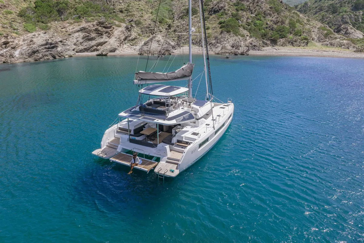 Exterior view of Athena Blu, a Lagoon 51 catamaran at Municipal Unit of Palairos, Greece