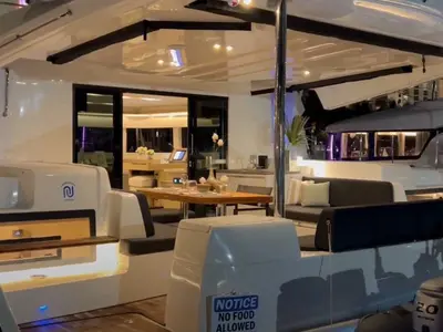 Deck of Athena Blu, a Lagoon 51 catamaran at Municipal Unit of Palairos, Greece
