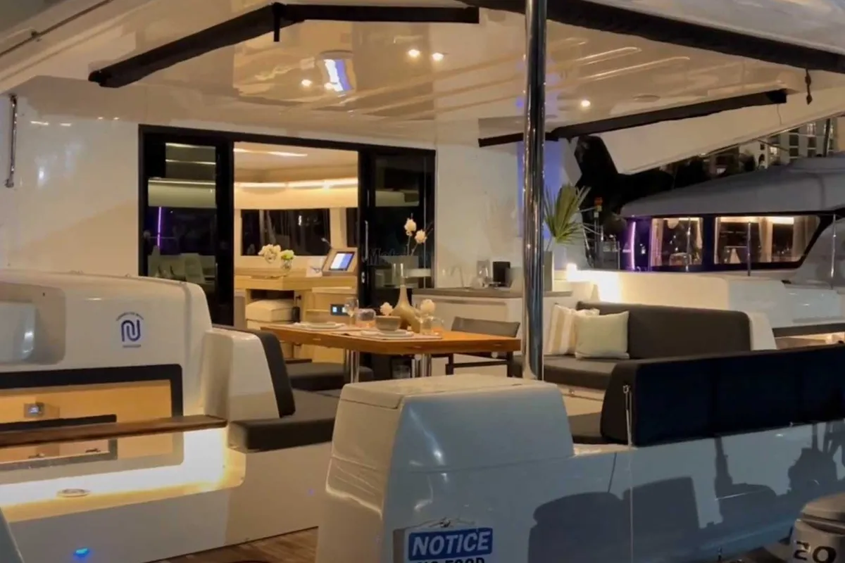 Deck of Athena Blu, a Lagoon 51 catamaran at Municipal Unit of Palairos, Greece
