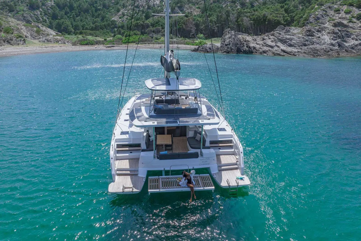 Exterior view of Athena Blu, a Lagoon 51 catamaran at Municipal Unit of Palairos, Greece