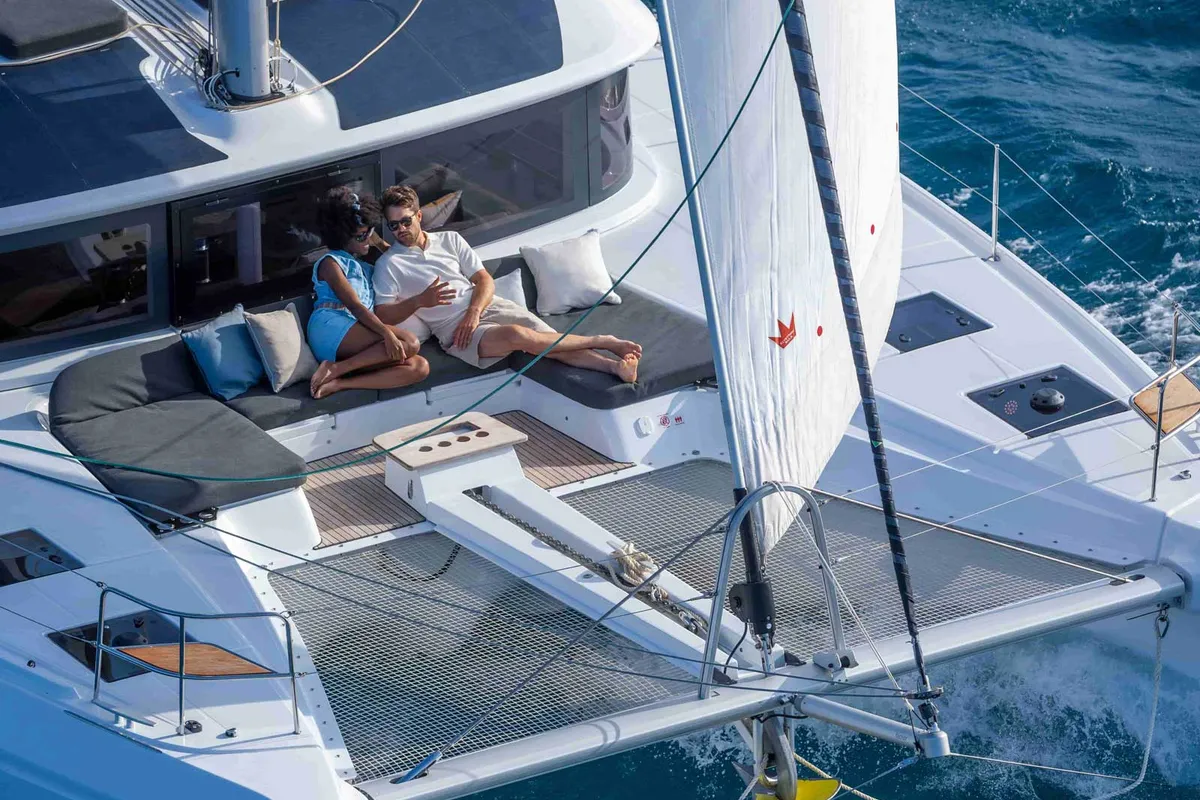 Deck of Athena Blu, a Lagoon 51 catamaran at Municipal Unit of Palairos, Greece