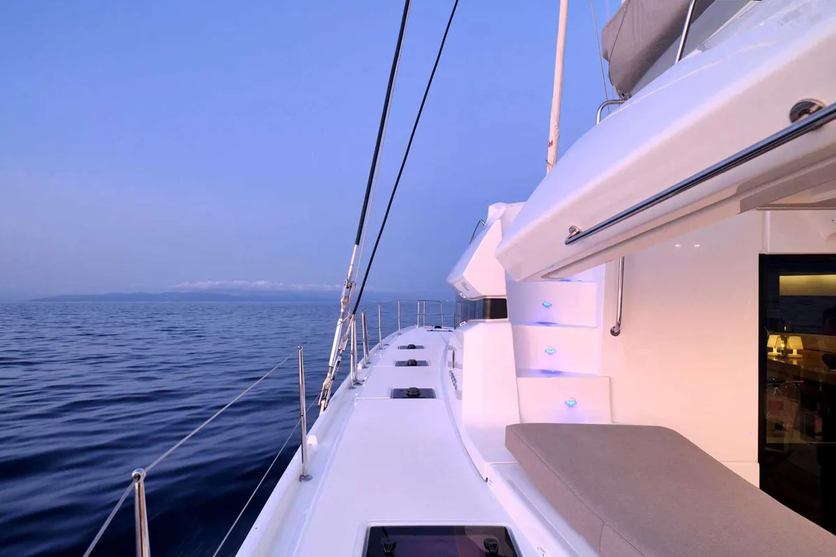 Deck of Athena Blu, a Lagoon 51 catamaran at Municipal Unit of Palairos, Greece