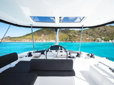 Cockpit of Athena Blu, a Lagoon 51 catamaran at Palairos, Greece