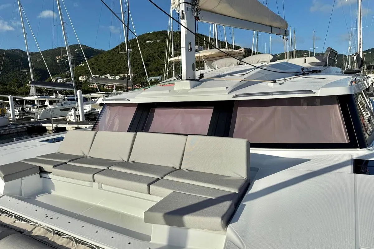 Deck of Morskie Oko, a Fountaine Pajot Elba 45 catamaran at Road Town, British Virgin Islands