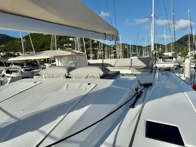 Deck of Morskie Oko, a Fountaine Pajot Elba 45 catamaran at Road Town, British Virgin Islands