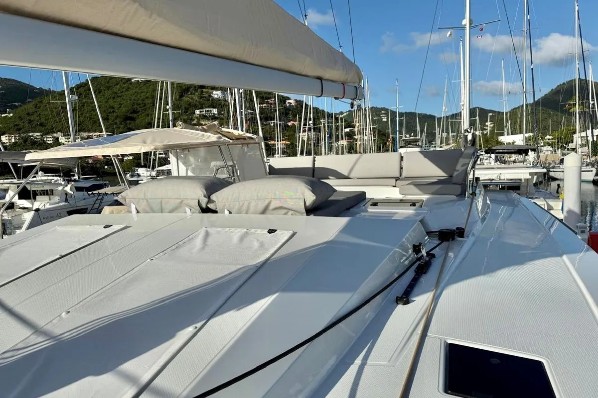 Deck of Morskie Oko, a Fountaine Pajot Elba 45 catamaran at Road Town, British Virgin Islands