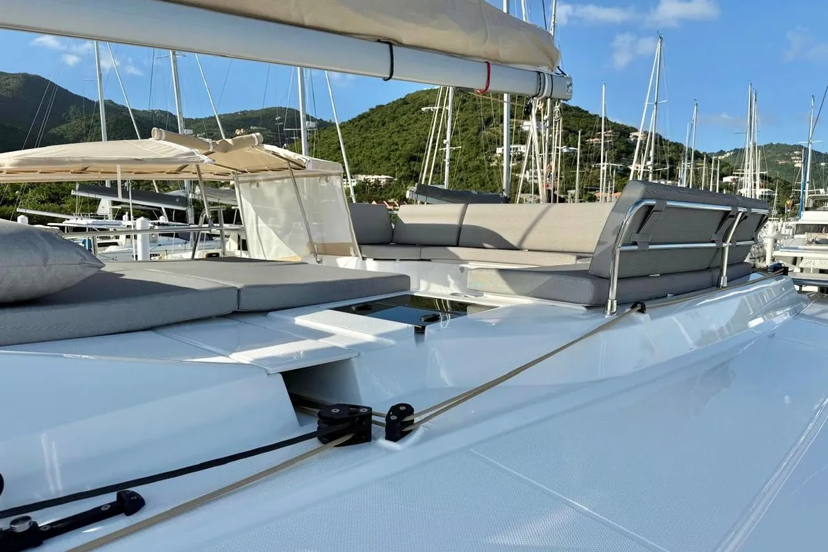 Deck of Morskie Oko, a Fountaine Pajot Elba 45 catamaran at Road Town, British Virgin Islands
