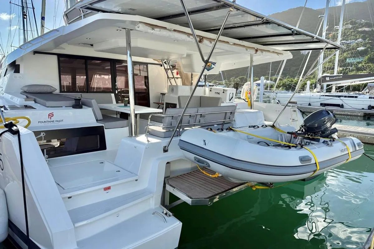 Exterior view of Morskie Oko, a Fountaine Pajot Elba 45 catamaran at Road Town, British Virgin Islands