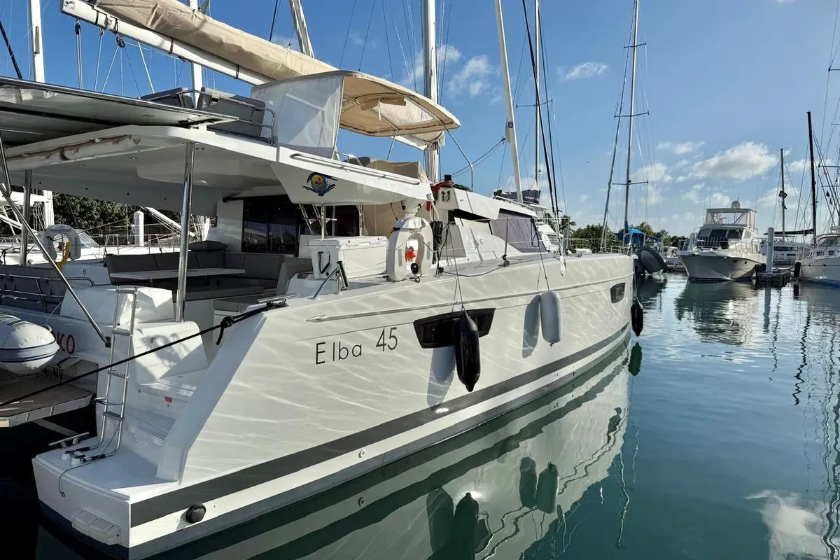 Exterior view of Morskie Oko, a Fountaine Pajot Elba 45 catamaran at Road Town, British Virgin Islands