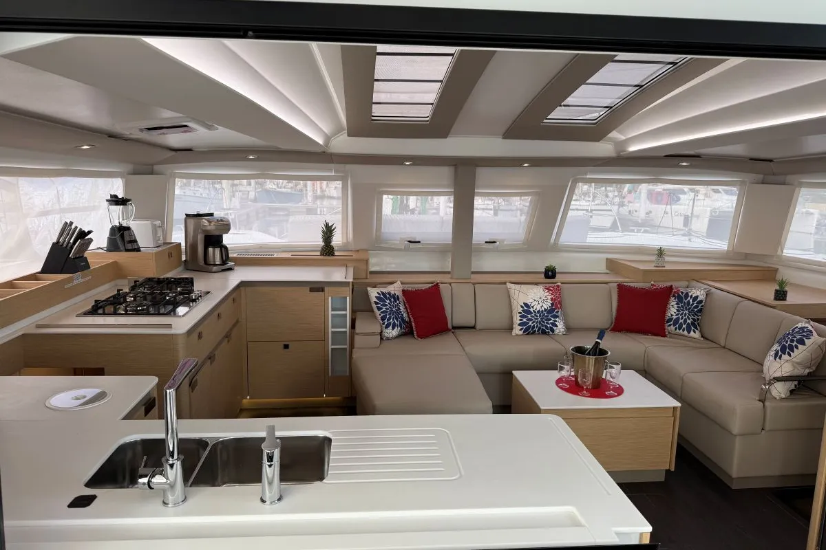 Salon of Morskie Oko, a Fountaine Pajot Elba 45 catamaran at Road Town, British Virgin Islands