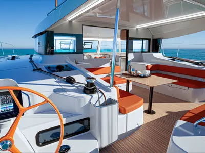Cockpit of First Kiss, a Excess 13 catamaran at Dubrovnik, Croatia