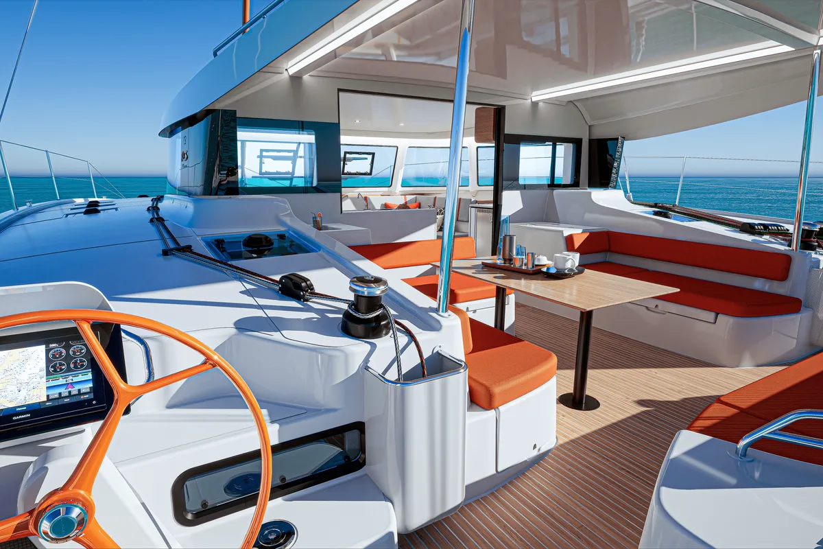 Cockpit of First Kiss, a Excess 13 catamaran at Dubrovnik, Croatia