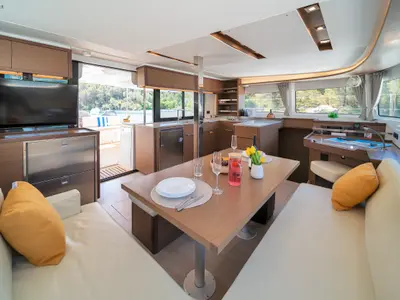 Salon of White Pearl, a Lagoon 46 catamaran at Skradin, Croatia