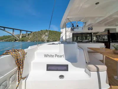 Deck of White Pearl, a Lagoon 46 catamaran at Skradin, Croatia