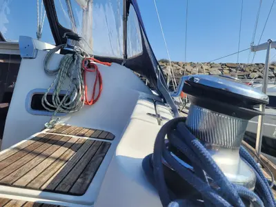 Deck of Bandiagara, a Beneteau Oceanis 37 sailboat at Saint-Cast-le-Guildo, France