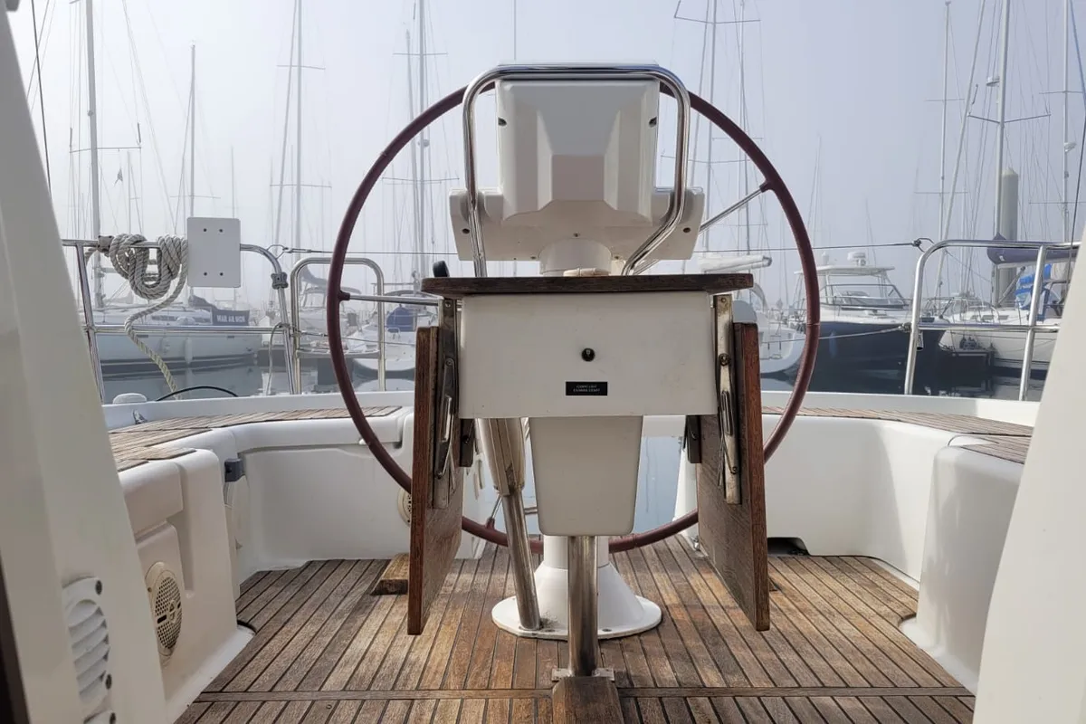 Cockpit of Bandiagara, a Beneteau Oceanis 37 sailboat at Saint-Cast-le-Guildo, France
