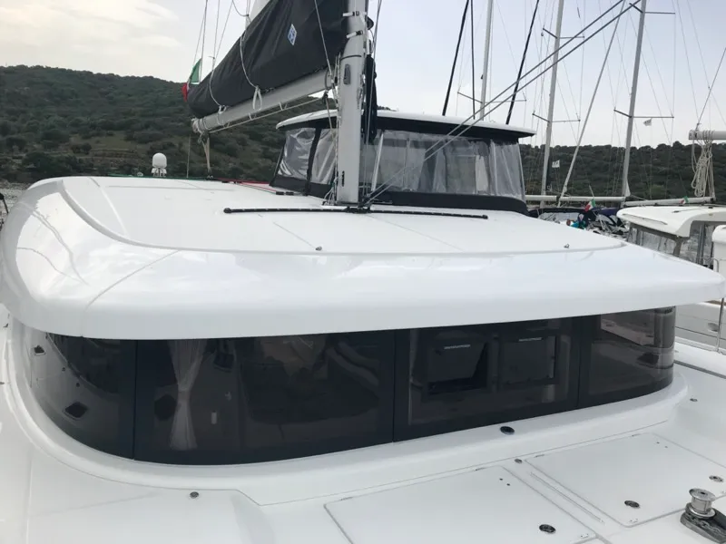 Exterior view of Sammy, a Lagoon 42 catamaran at Olbia, Italy