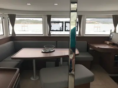 Salon of Sammy, a Lagoon 42 catamaran at Olbia, Italy