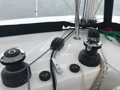 Deck of Sammy, a Lagoon 42 catamaran at Olbia, Italy