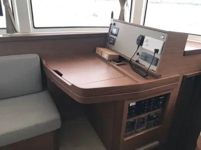 Cockpit of Sammy, a Lagoon 42 catamaran at Olbia, Italy