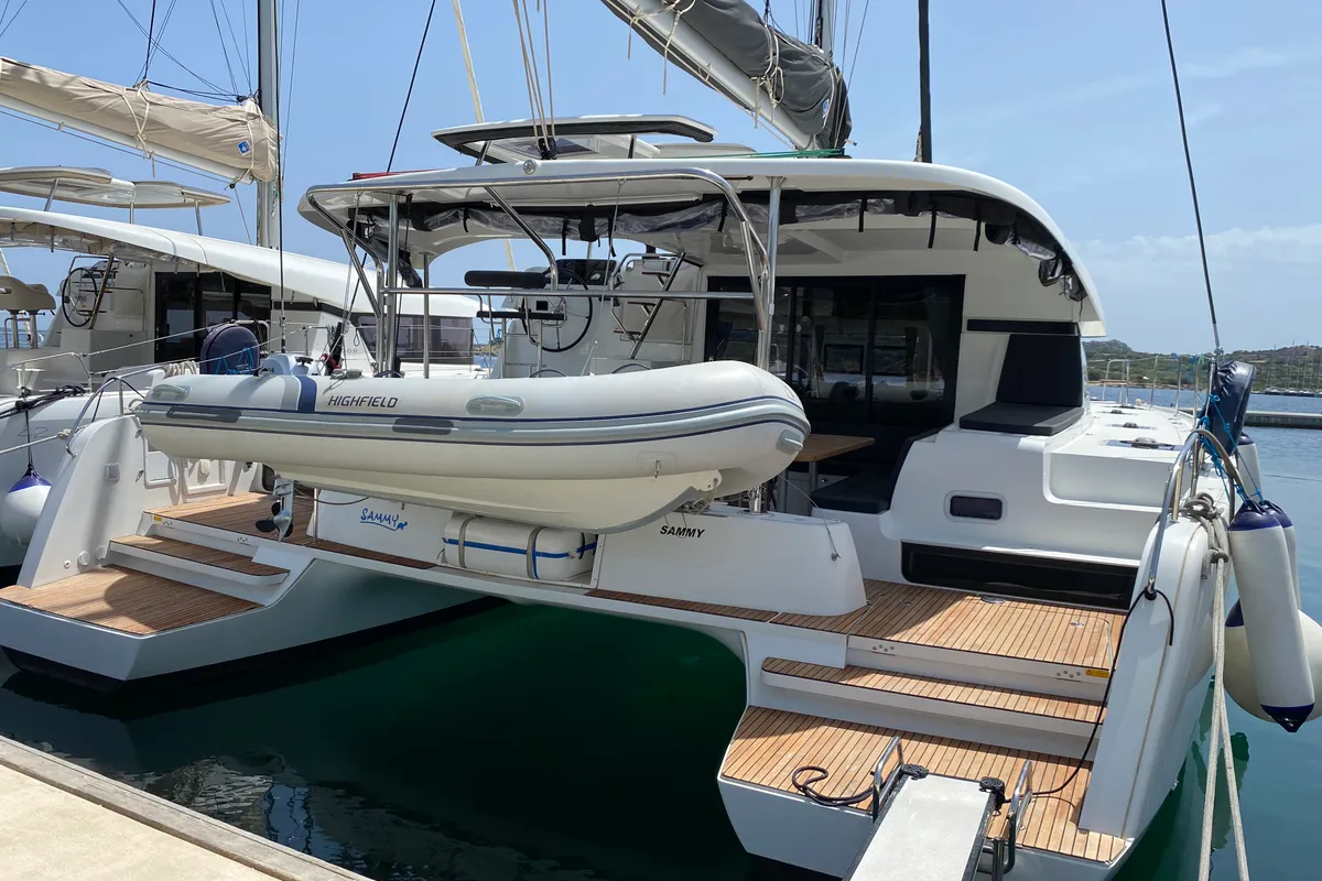 Exterior view of Sammy, a Lagoon 42 catamaran at Olbia, Italy