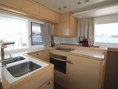 Galley of Poker Face, a Lagoon 450 catamaran at Athens, Greece