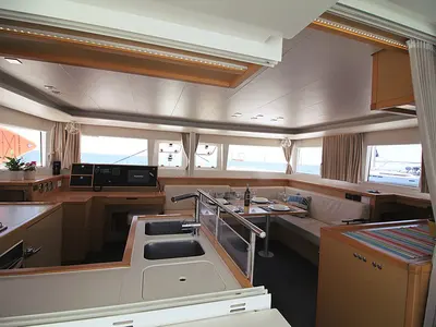 Salon of Poker Face, a Lagoon 450 catamaran at Athens, Greece