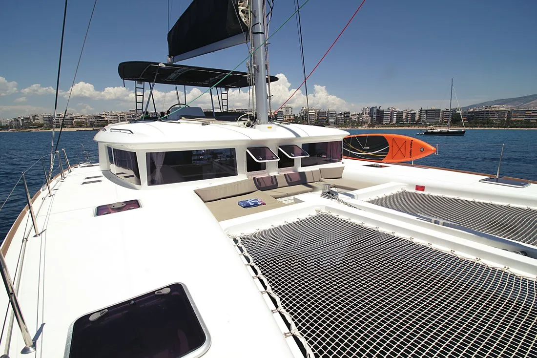 Deck of Poker Face, a Lagoon 450 catamaran at Athens, Greece