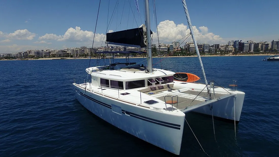 Exterior view of Poker Face, a Lagoon 450 catamaran at Athens, Greece