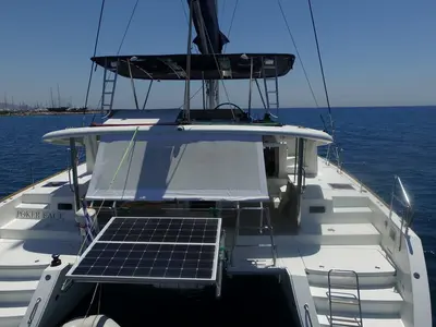 Deck of Poker Face, a Lagoon 450 catamaran at Athens, Greece