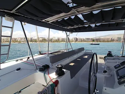 Cockpit of Poker Face, a Lagoon 450 catamaran at Athens, Greece