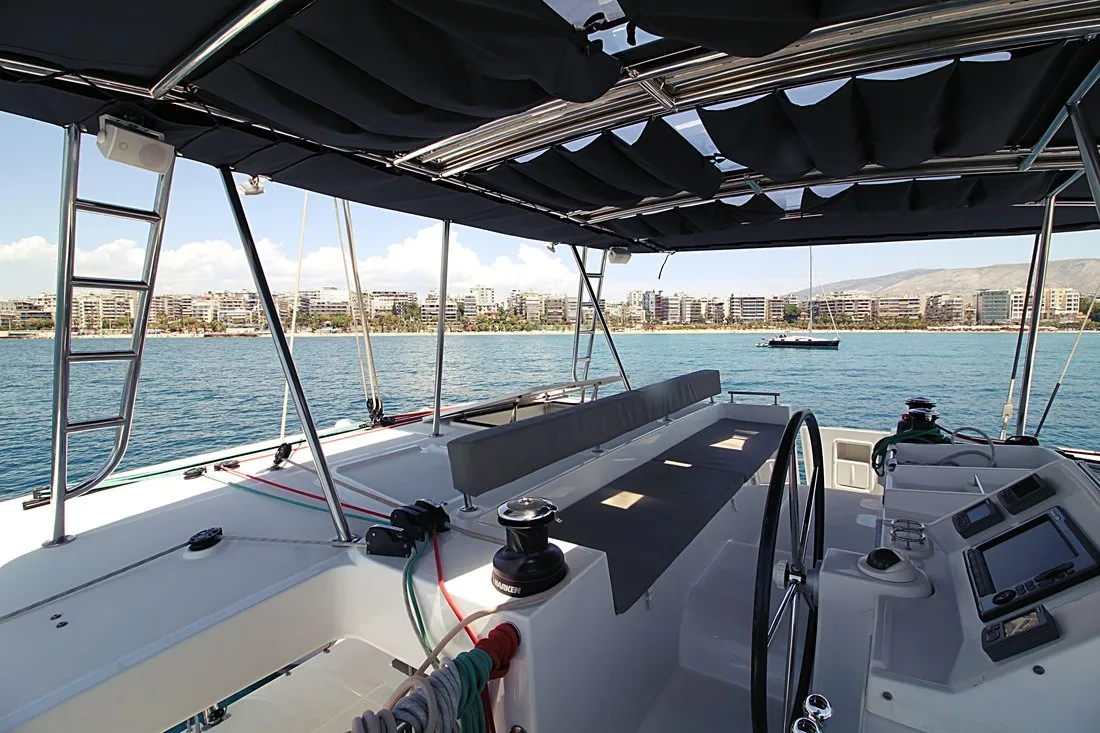 Cockpit of Poker Face, a Lagoon 450 catamaran at Athens, Greece