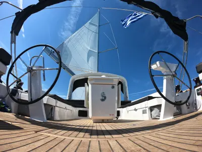Cockpit of Famiglia, a Beneteau Oceanis 51.1 sailboat at Athens, Greece